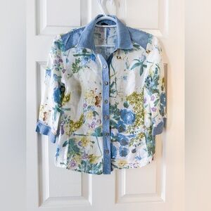 Crocodile Retro Floral Button-Up Shirt Denim Accents Vibrant